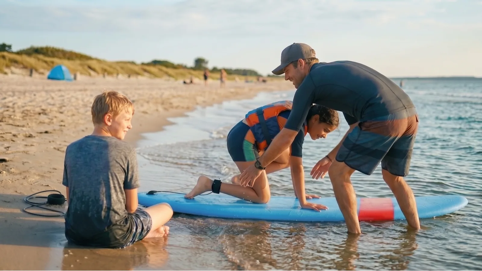 Trainer hilft Kind beim Wellenreiten am Strand